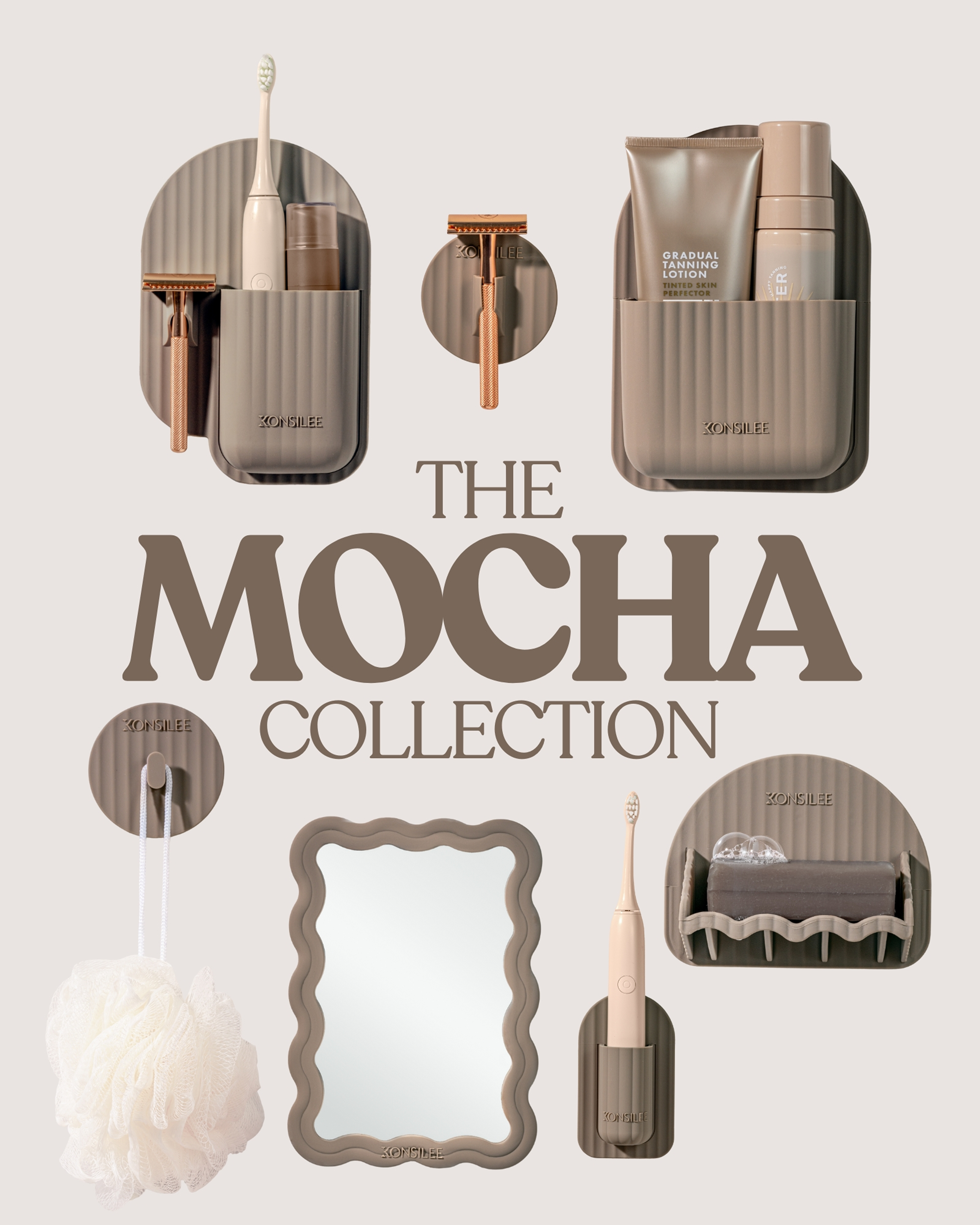 Promotional banner for the Konsilee Mocha Collection. Chocolate-brown bathroom accessories with fluted detailing and embossed logos are displayed on a neutral background. Featured items include an arch-shaped shower caddy, toothbrush holder, soap holder and electric toothbrush holder, along with a wavy-framed mirror and circled-shaped razor holder and hook. All items are styled with various accessories. 